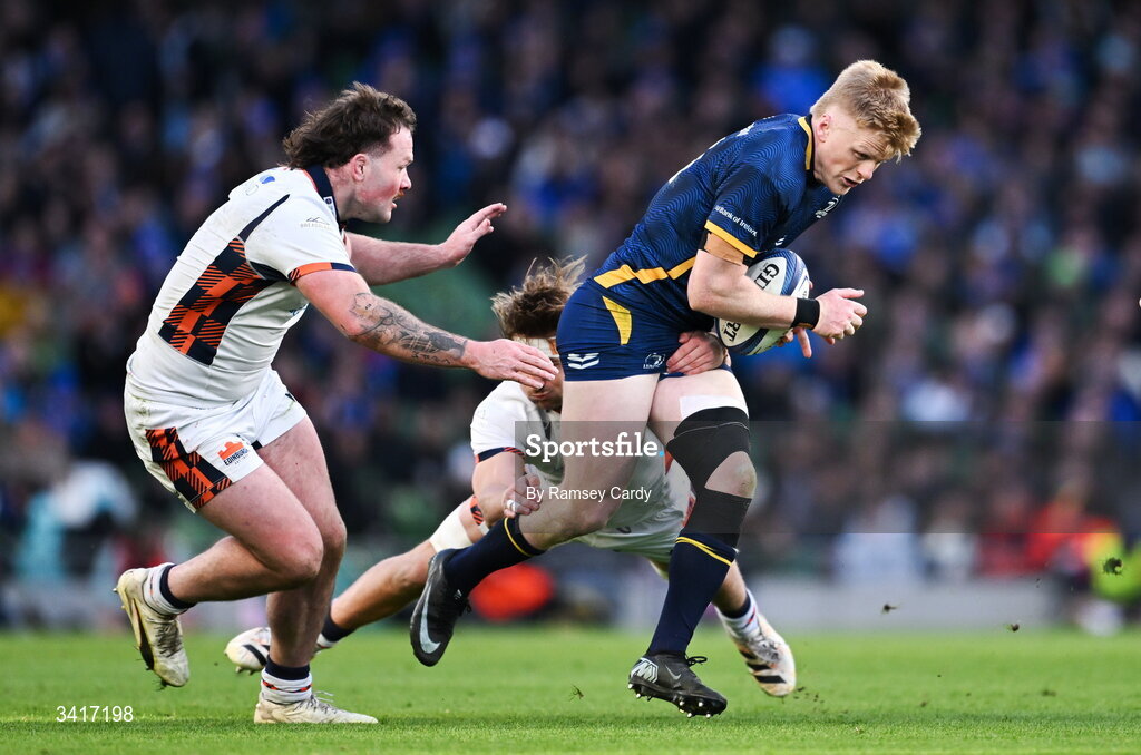 5 April 2026; Tommy O'Brien of Leinster is tackled by Freddy Douglas of Edinburgh during the Investec Champions Cup match between Leinster and Edinburgh at the Aviva Stadium in Dublin. Photo by Ramsey Cardy/Sportsfile