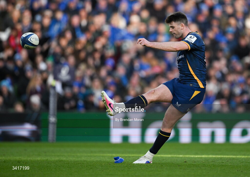 5 April 2026; Harry Byrne of Leinster kicks a conversion during the Investec Champions Cup match between Leinster and Edinburgh at the Aviva Stadium in Dublin. Photo by Brendan Moran/Sportsfile