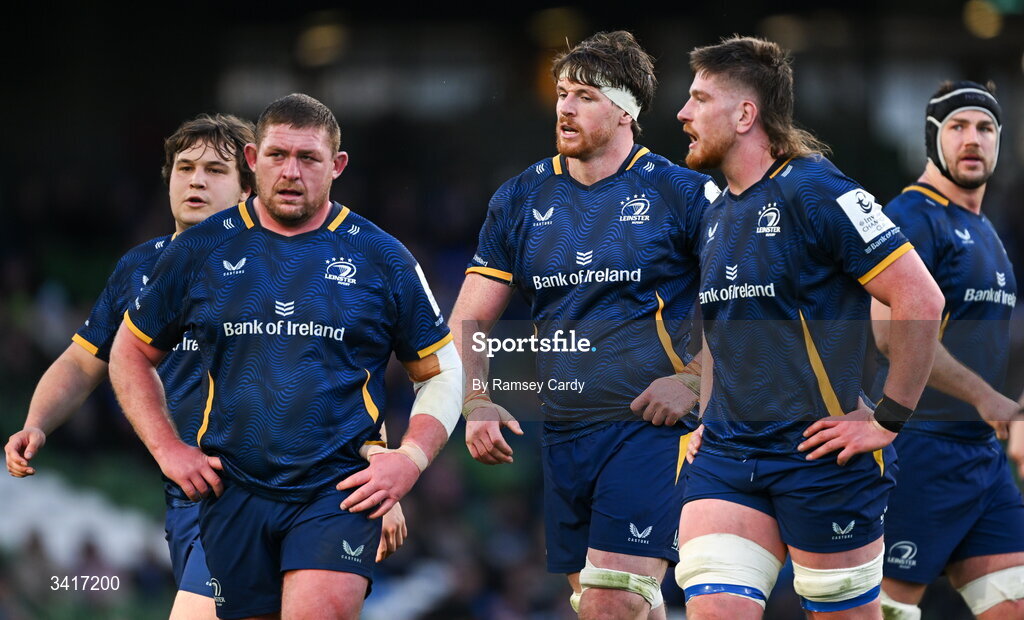5 April 2026; Leinster forwards, from left, Alex Usanov, Tadhg Furlong, Ryan Baird, Joe McCarthy and Caelan Doris during the Investec Champions Cup match between Leinster and Edinburgh at the Aviva Stadium in Dublin. Photo by Ramsey Cardy/Sportsfile