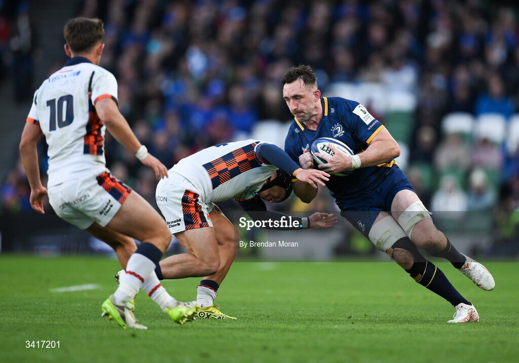 5 April 2026; Jack Conan of Leinster is tackled by Darcy Graham of Edinburgh during the Investec Champions Cup match between Leinster and Edinburgh at the Aviva Stadium in Dublin. Photo by Brendan Moran/Sportsfile