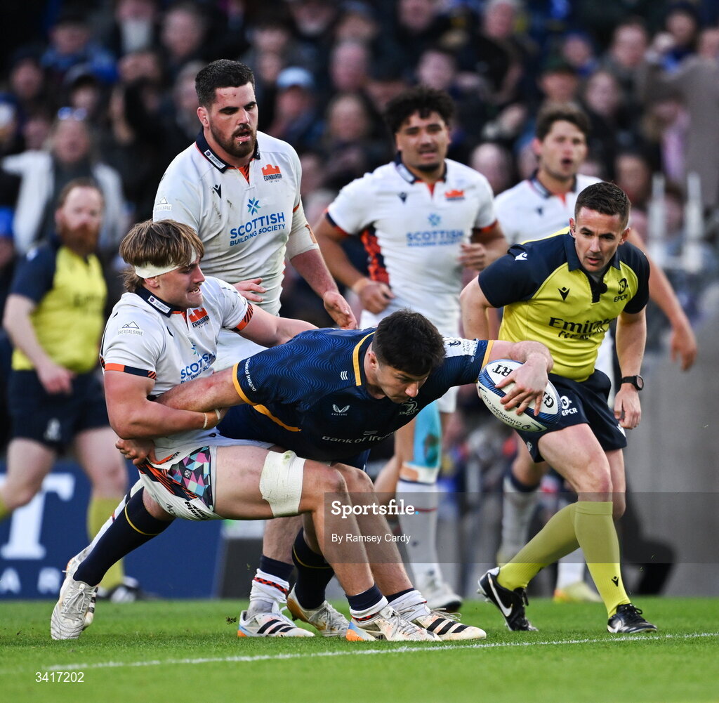 5 April 2026; Thomas Clarkson of Leinster scores his side's sixth try despite the attention of Freddy Douglas of Edinburgh during the Investec Champions Cup match between Leinster and Edinburgh at the Aviva Stadium in Dublin. Photo by Ramsey Cardy/Sportsfile
