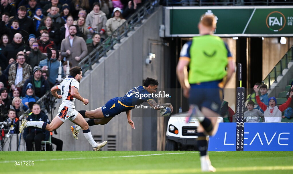 5 April 2026; Rieko Ioane of Leinster dives over to score his side's seventh try during the Investec Champions Cup match between Leinster and Edinburgh at the Aviva Stadium in Dublin. Photo by Ramsey Cardy/Sportsfile