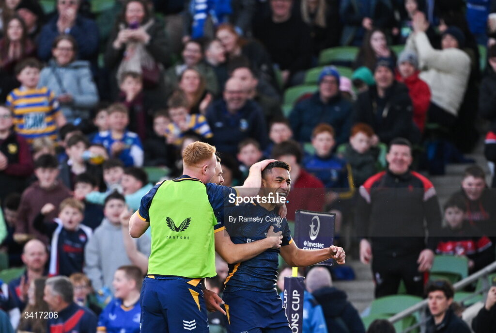 5 April 2026; Rieko Ioane of Leinster celebrates with teammates, including Ciarán Frawley, after scoring their side's seventh try during the Investec Champions Cup match between Leinster and Edinburgh at the Aviva Stadium in Dublin. Photo by Ramsey Cardy/Sportsfile