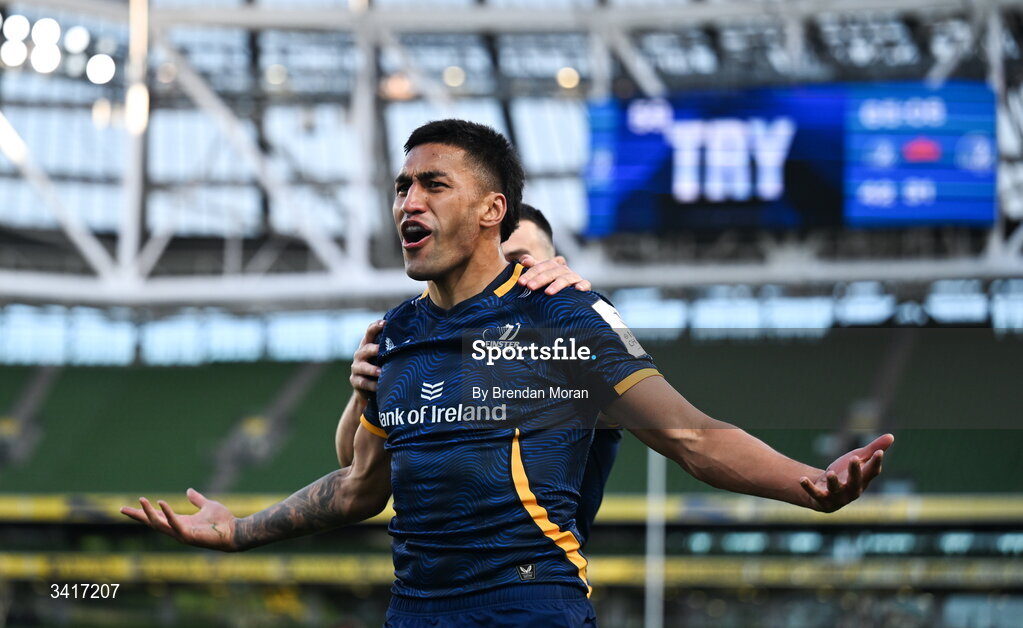 5 April 2026; Rieko Ioane of Leinster celebrates after scoring his side's seventh try during the Investec Champions Cup match between Leinster and Edinburgh at the Aviva Stadium in Dublin. Photo by Brendan Moran/Sportsfile