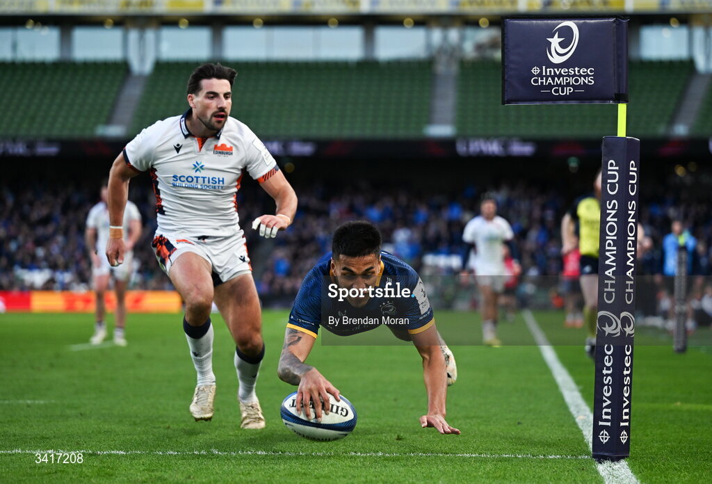 5 April 2026; Rieko Ioane of Leinster scores his side's seventh try during the Investec Champions Cup match between Leinster and Edinburgh at the Aviva Stadium in Dublin. Photo by Brendan Moran/Sportsfile