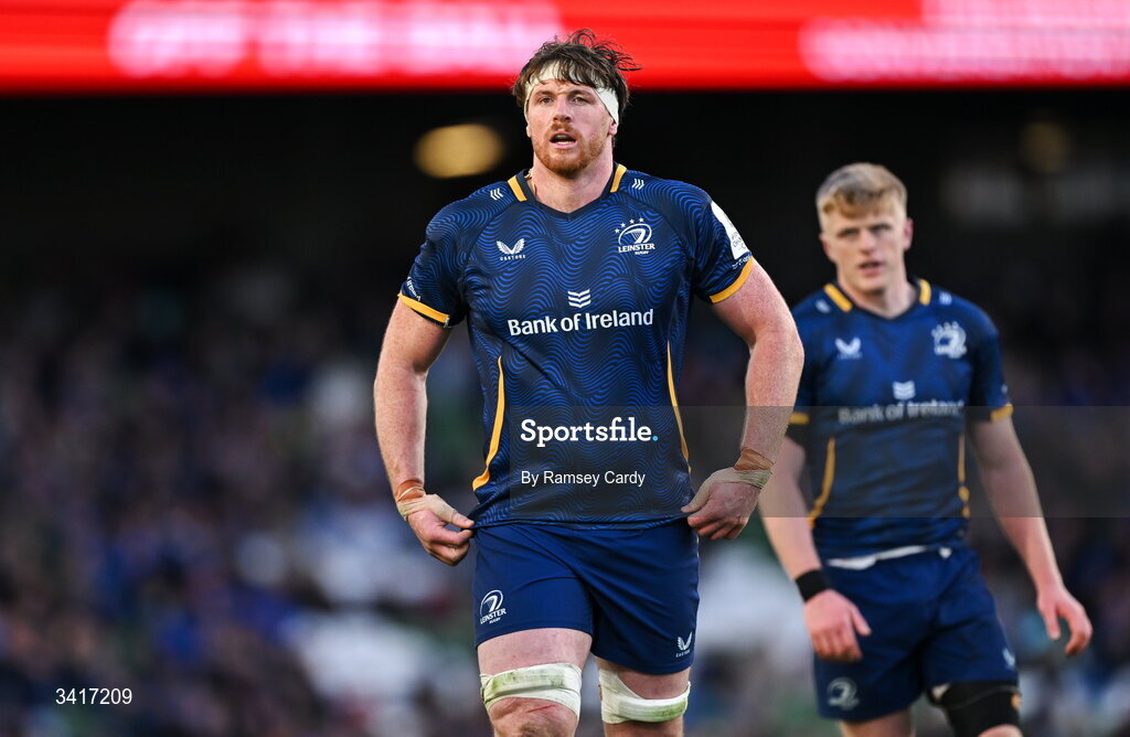5 April 2026; Ryan Baird of Leinster during the Investec Champions Cup match between Leinster and Edinburgh at the Aviva Stadium in Dublin. Photo by Ramsey Cardy/Sportsfile