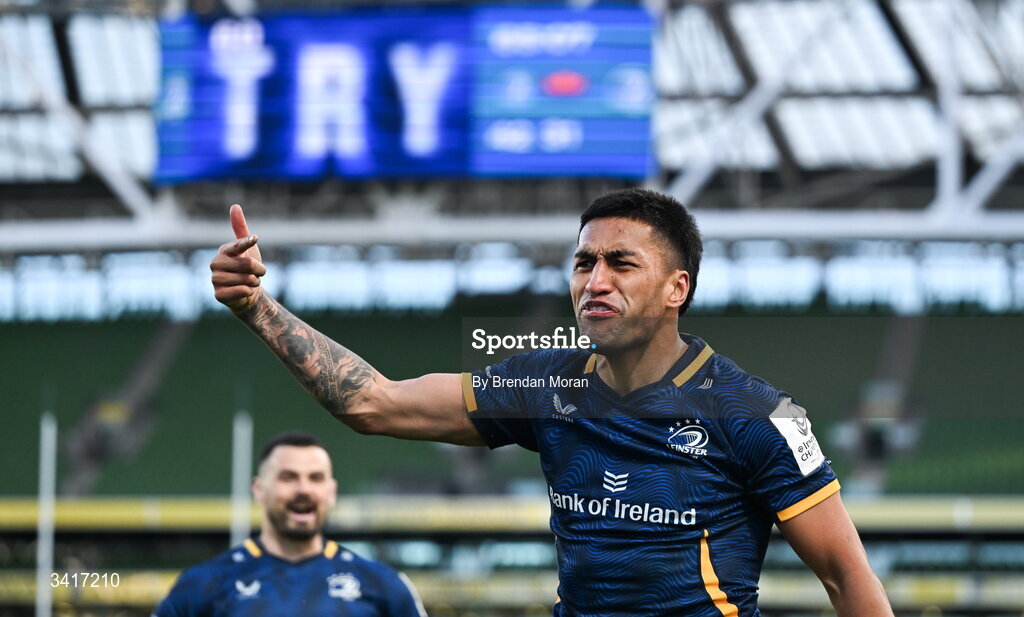5 April 2026; Rieko Ioane of Leinster celebrates after scoring his side's seventh try during the Investec Champions Cup match between Leinster and Edinburgh at the Aviva Stadium in Dublin. Photo by Brendan Moran/Sportsfile