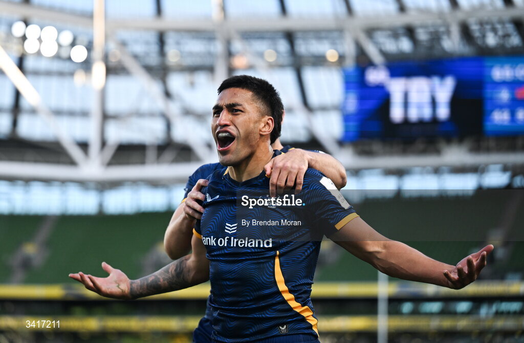 5 April 2026; Rieko Ioane of Leinster celebrates after scoring his side's seventh try during the Investec Champions Cup match between Leinster and Edinburgh at the Aviva Stadium in Dublin. Photo by Brendan Moran/Sportsfile