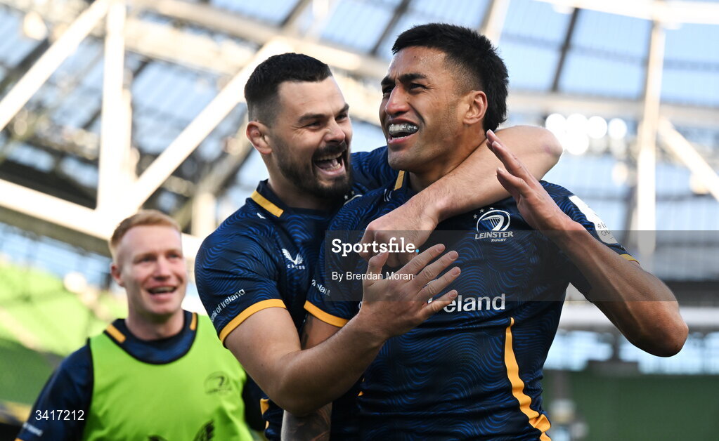 5 April 2026; Rieko Ioane of Leinster celebrates with teammate Max Deegan after scoring his side's seventh try during the Investec Champions Cup match between Leinster and Edinburgh at the Aviva Stadium in Dublin. Photo by Brendan Moran/Sportsfile
