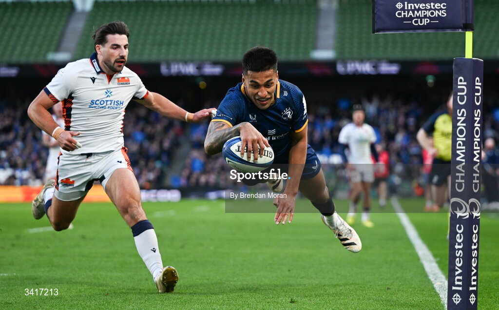 5 April 2026; Rieko Ioane of Leinster scores his side's seventh try during the Investec Champions Cup match between Leinster and Edinburgh at the Aviva Stadium in Dublin. Photo by Brendan Moran/Sportsfile