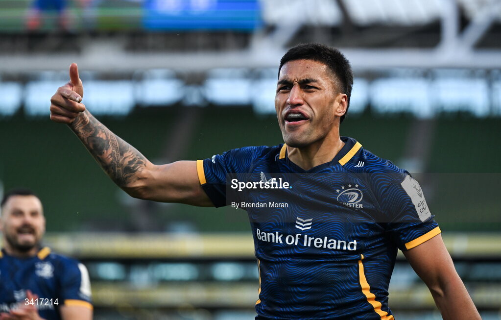5 April 2026; Rieko Ioane of Leinster celebrates after scoring his side's seventh try during the Investec Champions Cup match between Leinster and Edinburgh at the Aviva Stadium in Dublin. Photo by Brendan Moran/Sportsfile
