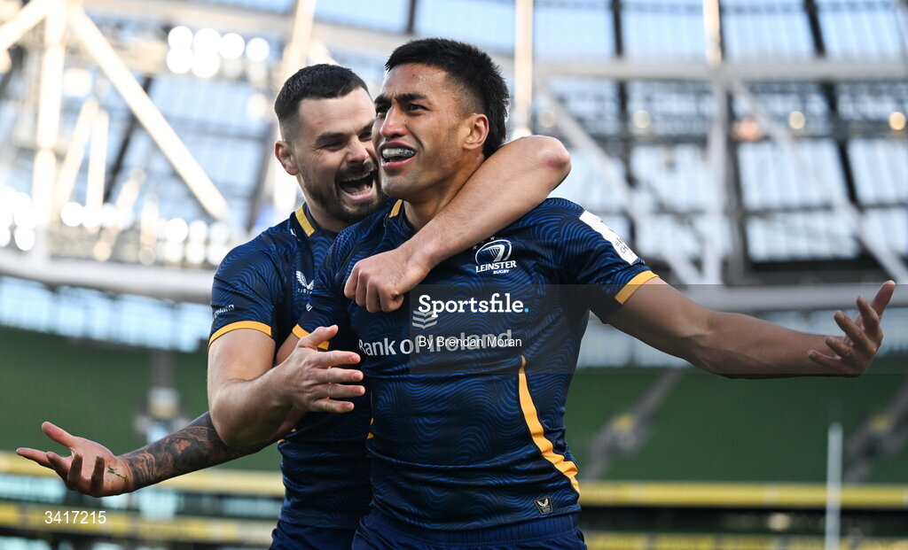 5 April 2026; Rieko Ioane of Leinster celebrates with Max Deegan after scoring his side's seventh try during the Investec Champions Cup match between Leinster and Edinburgh at the Aviva Stadium in Dublin. Photo by Brendan Moran/Sportsfile