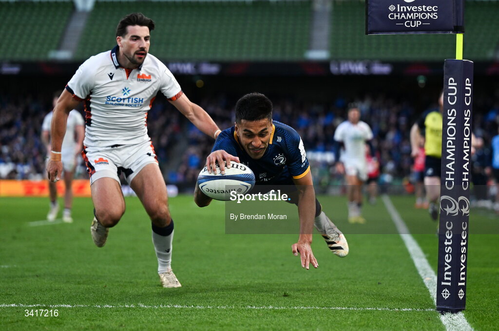 5 April 2026; Rieko Ioane of Leinster scores his side's seventh try during the Investec Champions Cup match between Leinster and Edinburgh at the Aviva Stadium in Dublin. Photo by Brendan Moran/Sportsfile