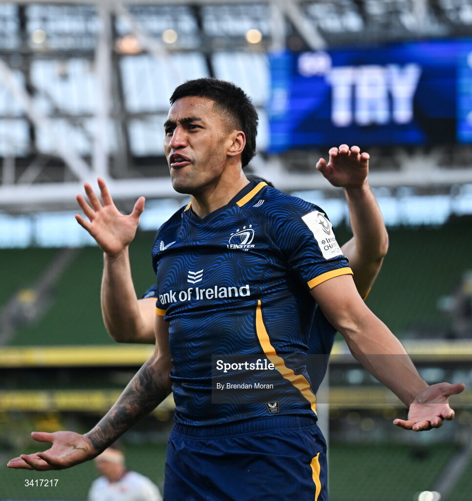 5 April 2026; Rieko Ioane of Leinster celebrates after scoring his side's seventh try during the Investec Champions Cup match between Leinster and Edinburgh at the Aviva Stadium in Dublin. Photo by Brendan Moran/Sportsfile