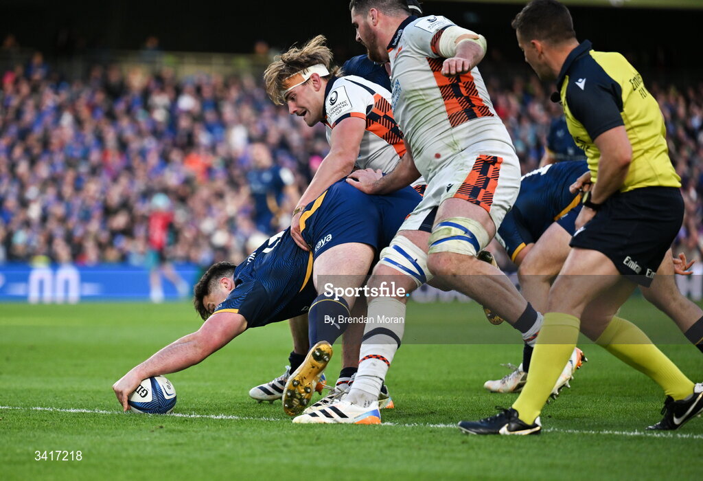 5 April 2026; Thomas Clarkson of Leinster scores his side's sixth try during the Investec Champions Cup match between Leinster and Edinburgh at the Aviva Stadium in Dublin. Photo by Brendan Moran/Sportsfile