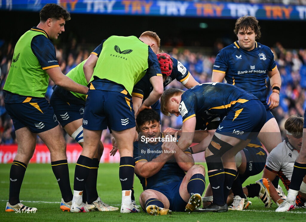 5 April 2026; Thomas Clarkson of Leinster, centre, is congratulated by teammates after scoring his side's sixth try during the Investec Champions Cup match between Leinster and Edinburgh at the Aviva Stadium in Dublin. Photo by Brendan Moran/Sportsfile