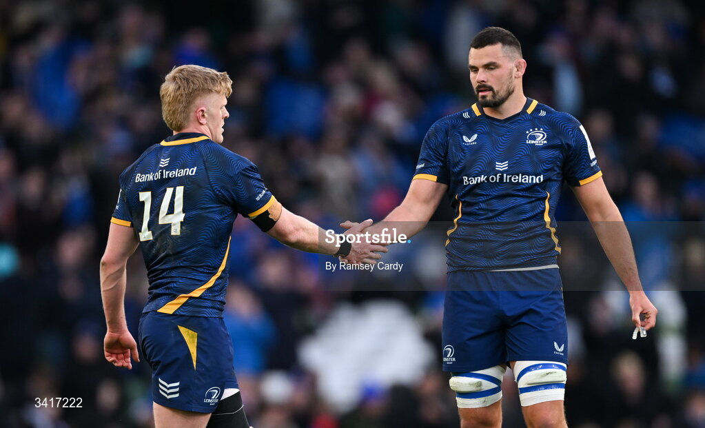 5 April 2026; Max Deegan, right, and Tommy O'Brien of Leinster after the Investec Champions Cup match between Leinster and Edinburgh at the Aviva Stadium in Dublin. Photo by Ramsey Cardy/Sportsfile
