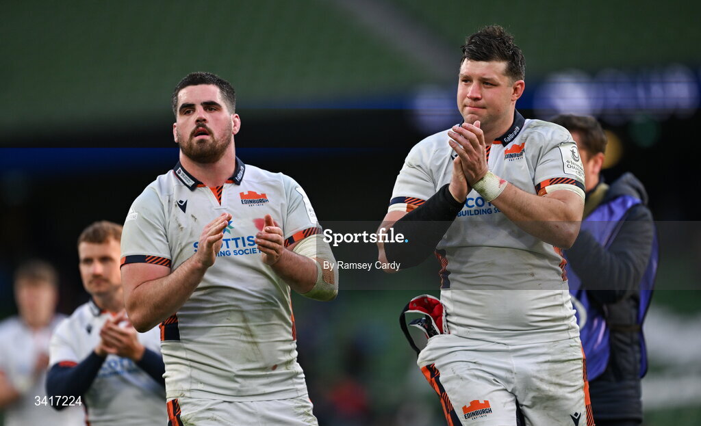 5 April 2026; Marshall Sykes, left, and Grant Gilchrist of Edinburgh after the Investec Champions Cup match between Leinster and Edinburgh at the Aviva Stadium in Dublin. Photo by Ramsey Cardy/Sportsfile
