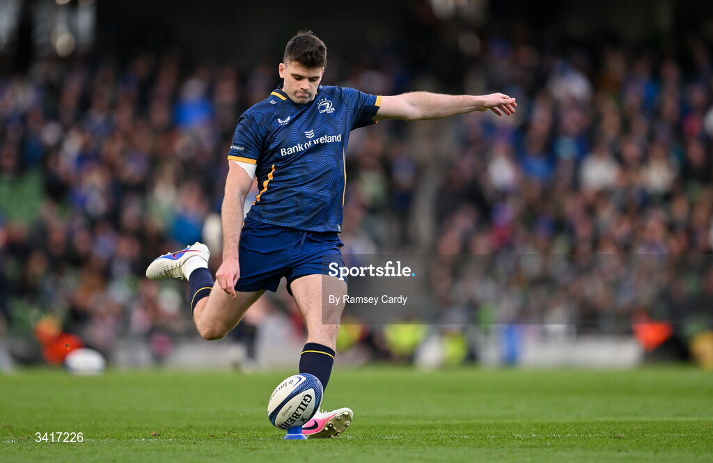 5 April 2026; Harry Byrne of Leinster kicks a conversion during the Investec Champions Cup match between Leinster and Edinburgh at the Aviva Stadium in Dublin. Photo by Ramsey Cardy/Sportsfile