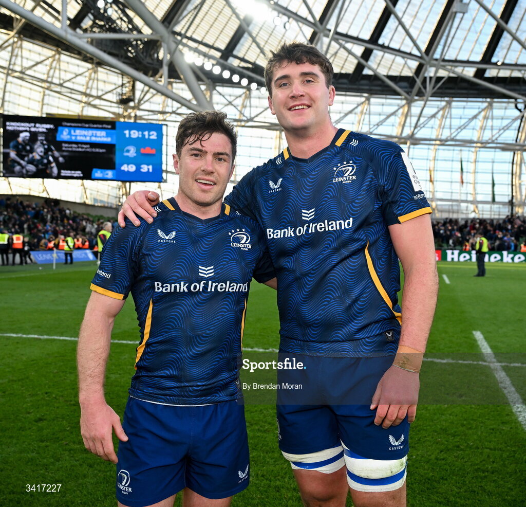 5 April 2026; Luke McGrath, left, and Brian Deeny of Leinster after the Investec Champions Cup match between Leinster and Edinburgh at the Aviva Stadium in Dublin. Photo by Brendan Moran/Sportsfile