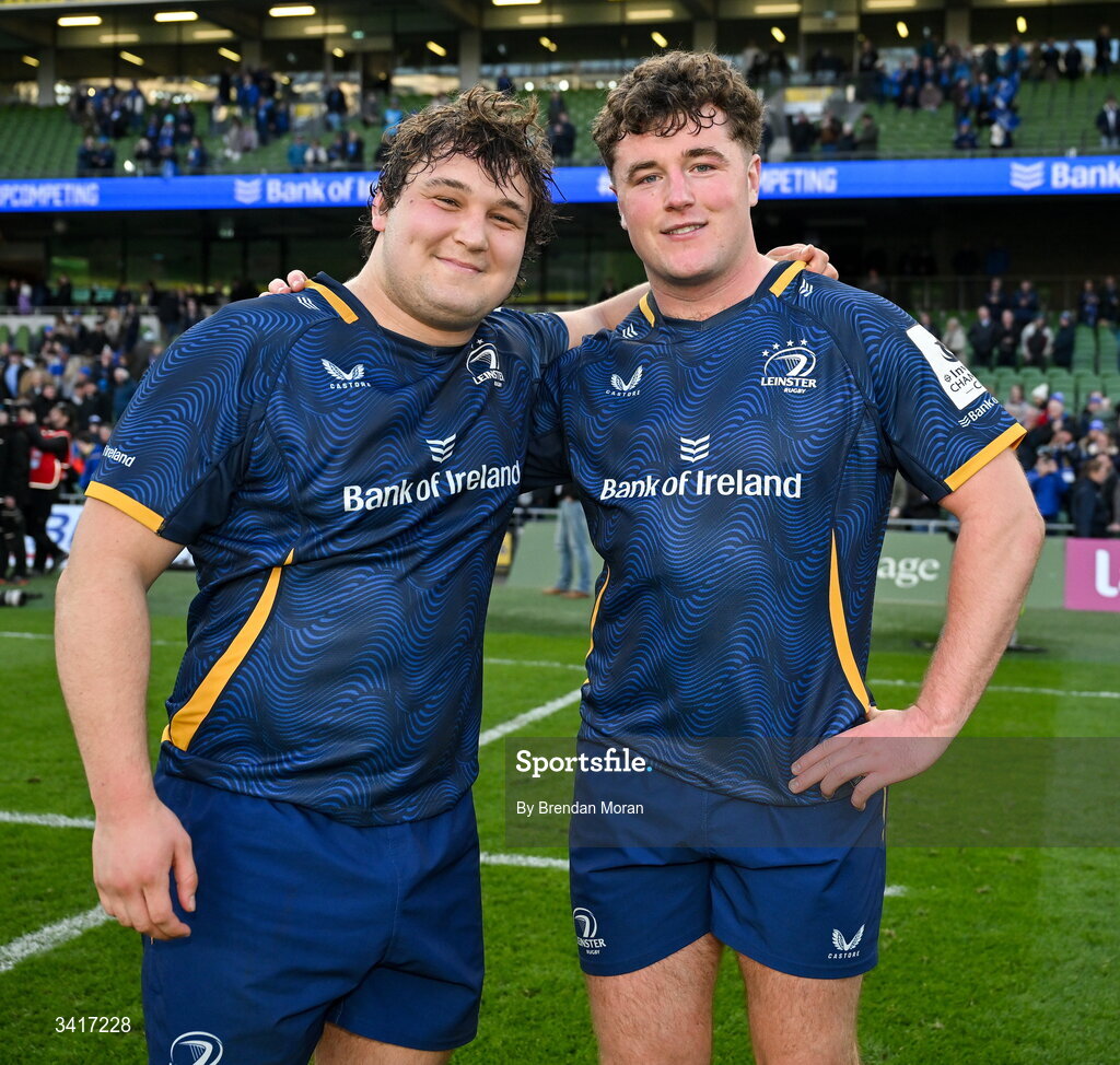 5 April 2026; Alex Usanov, left, and Gus McCarthy of Leinster after the Investec Champions Cup match between Leinster and Edinburgh at the Aviva Stadium in Dublin. Photo by Brendan Moran/Sportsfile
