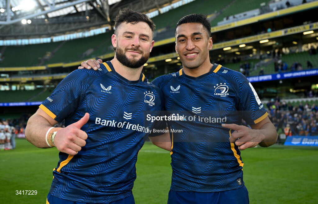 5 April 2026; Robbie Henshaw, left, and Rieko Ioane of Leinster after the Investec Champions Cup match between Leinster and Edinburgh at the Aviva Stadium in Dublin. Photo by Brendan Moran/Sportsfile