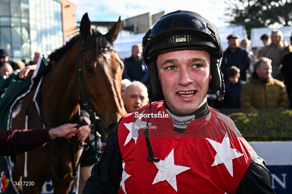5 April 2026; Jockey Cian Quirke after winning the WillowWarm Gold Cup on Fleur In The Park during day two of the Fairyhouse Easter Festival at Fairyhouse Racecourse in Ratoath, Meath. Photo by Seb Daly/Sportsfile