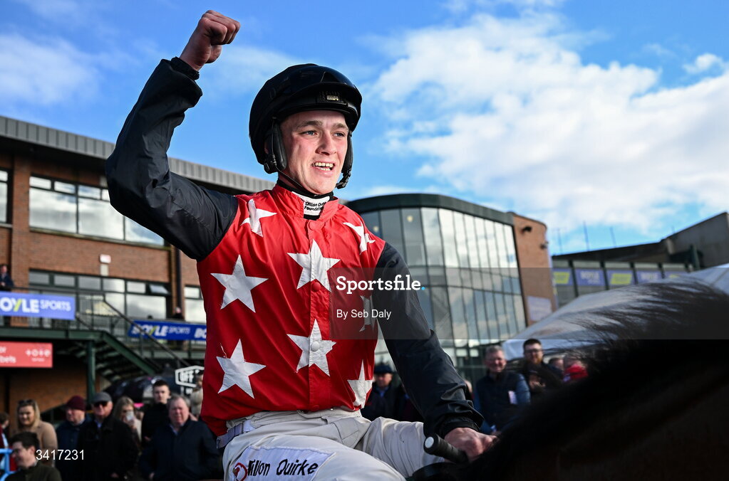 5 April 2026; Jockey Cian Quirke celebrates after winning the WillowWarm Gold Cup on Fleur In The Park during day two of the Fairyhouse Easter Festival at Fairyhouse Racecourse in Ratoath, Meath. Photo by Seb Daly/Sportsfile