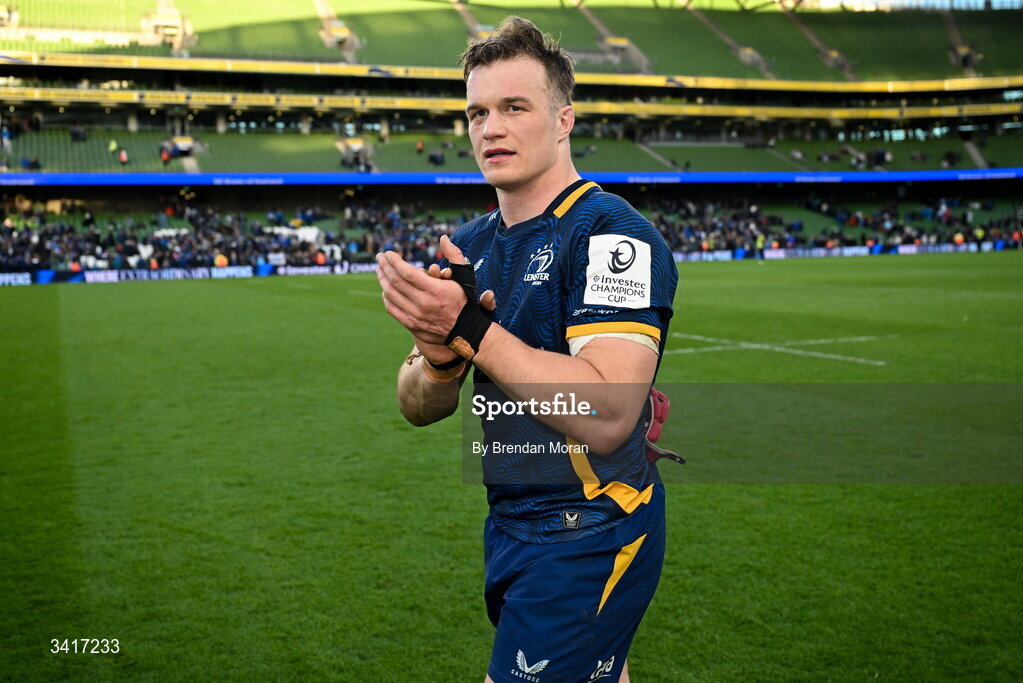 5 April 2026; Josh van der Flier of Leinster applauds supporters after the Investec Champions Cup match between Leinster and Edinburgh at the Aviva Stadium in Dublin. Photo by Brendan Moran/Sportsfile
