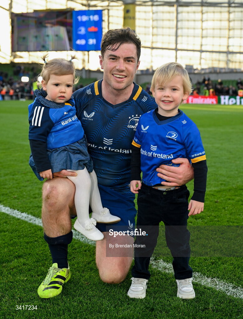 5 April 2026; Luke McGrath of Leinster with his children Sophia and Bobby after the Investec Champions Cup match between Leinster and Edinburgh at the Aviva Stadium in Dublin. Photo by Brendan Moran/Sportsfile