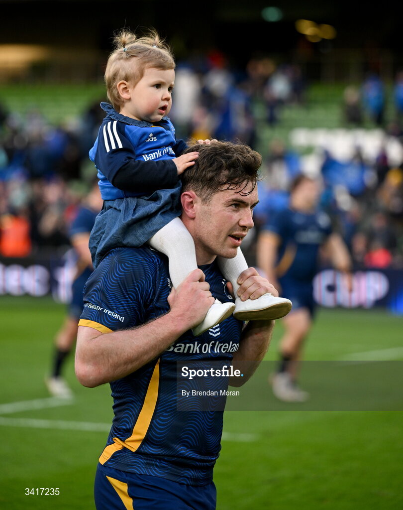 5 April 2026; Luke McGrath of Leinster with his daughter Sophia after the Investec Champions Cup match between Leinster and Edinburgh at the Aviva Stadium in Dublin. Photo by Brendan Moran/Sportsfile