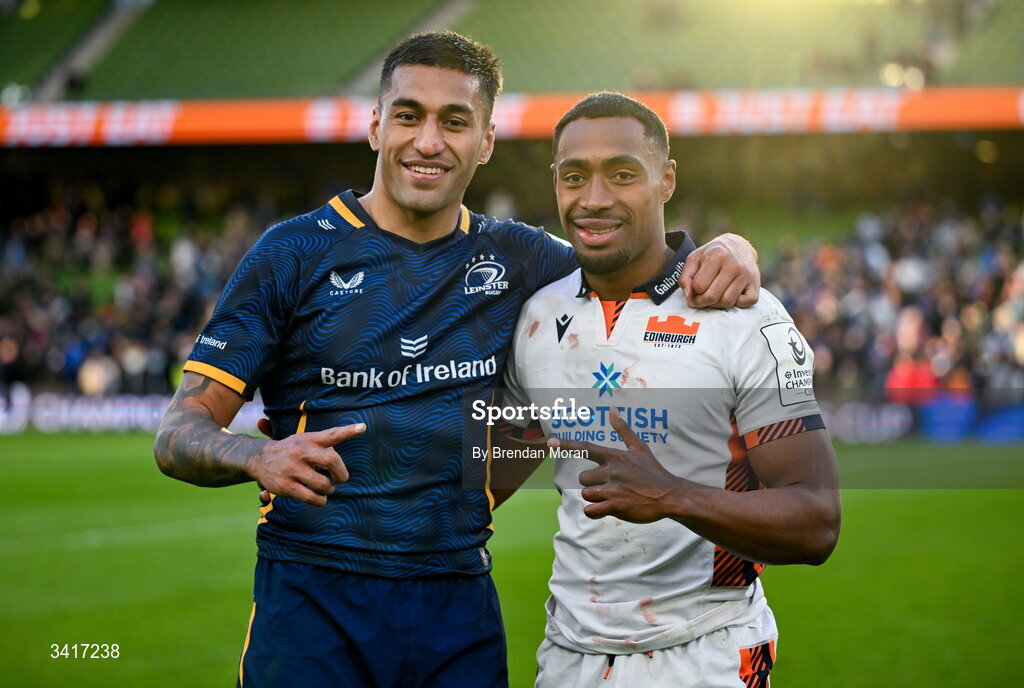 5 April 2026; Rieko Ioane of Leinster, left, and Malelili Satala of Edinburgh after the Investec Champions Cup match between Leinster and Edinburgh at the Aviva Stadium in Dublin. Photo by Brendan Moran/Sportsfile