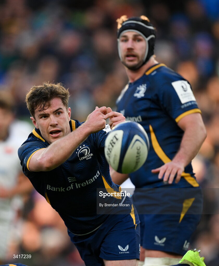 5 April 2026; Luke McGrath of Leinster during the Investec Champions Cup match between Leinster and Edinburgh at the Aviva Stadium in Dublin. Photo by Brendan Moran/Sportsfile