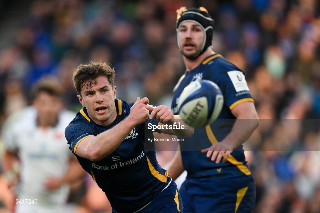 5 April 2026; Luke McGrath of Leinster during the Investec Champions Cup match between Leinster and Edinburgh at the Aviva Stadium in Dublin. Photo by Brendan Moran/Sportsfile