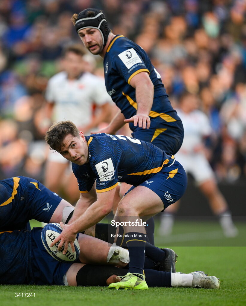 5 April 2026; Luke McGrath of Leinster during the Investec Champions Cup match between Leinster and Edinburgh at the Aviva Stadium in Dublin. Photo by Brendan Moran/Sportsfile