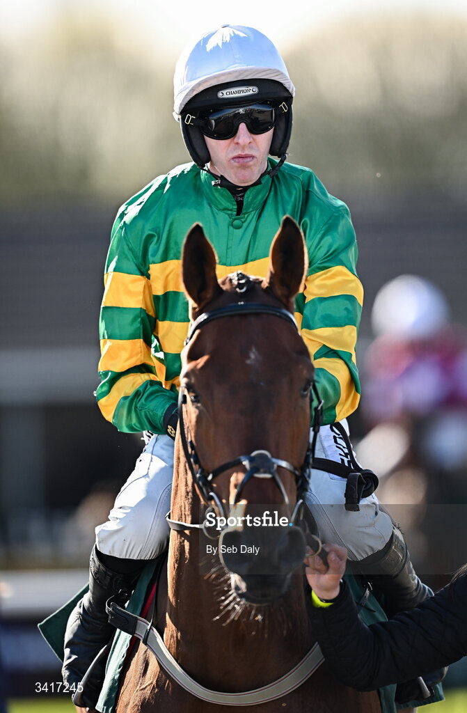 5 April 2026; Jockey Mark Walsh and Pure Steel before the WillowWarm Gold Cup during day two of the Fairyhouse Easter Festival at Fairyhouse Racecourse in Ratoath, Meath. Photo by Seb Daly/Sportsfile