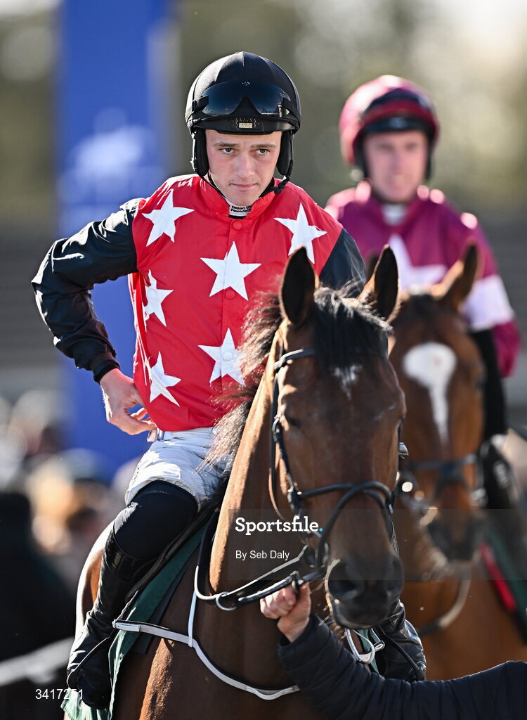 5 April 2026; Jockey Cian Quirke and Fleur In The Park before the WillowWarm Gold Cup during day two of the Fairyhouse Easter Festival at Fairyhouse Racecourse in Ratoath, Meath. Photo by Seb Daly/Sportsfile