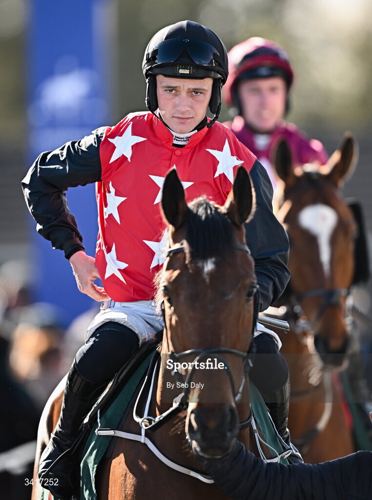 5 April 2026; Jockey Cian Quirke and Fleur In The Park before the WillowWarm Gold Cup during day two of the Fairyhouse Easter Festival at Fairyhouse Racecourse in Ratoath, Meath. Photo by Seb Daly/Sportsfile