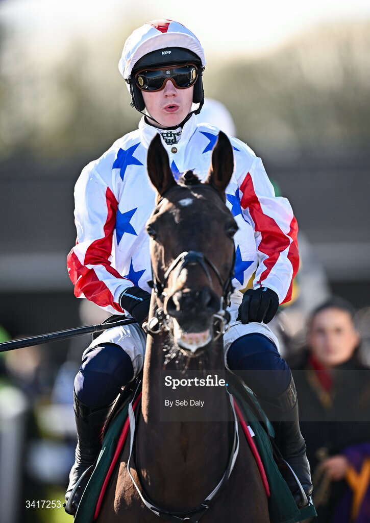 5 April 2026; Jockey Danny Gilligan and Western Fold before the WillowWarm Gold Cup during day two of the Fairyhouse Easter Festival at Fairyhouse Racecourse in Ratoath, Meath. Photo by Seb Daly/Sportsfile