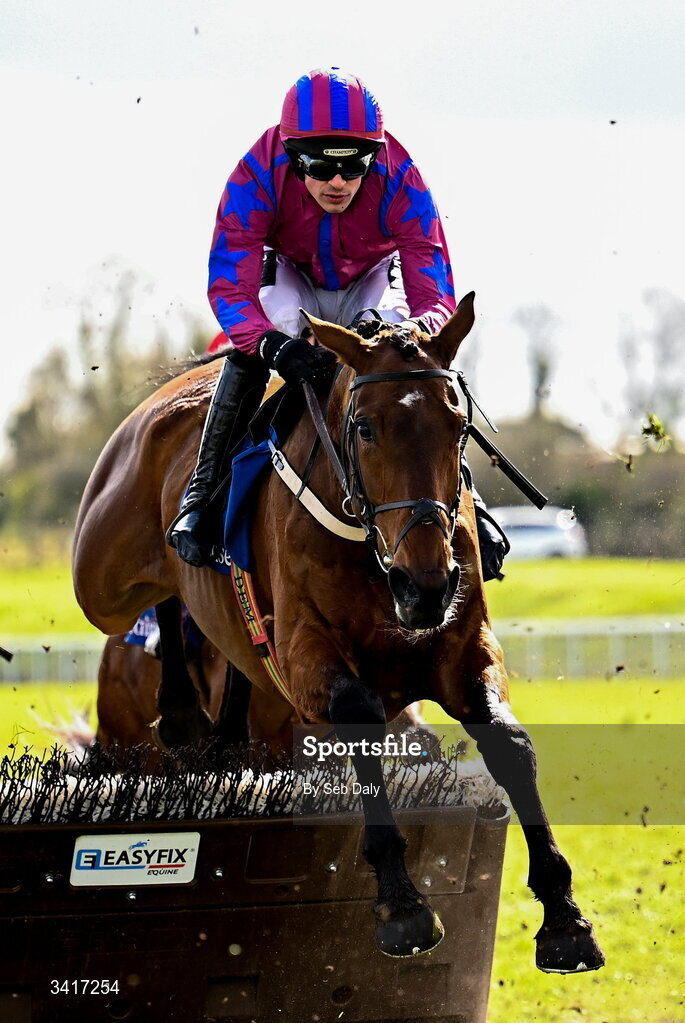 5 April 2026; How's Hannah, with Danny Mullins up, during the Irish Stallion Farms EBF Honeysuckle Mares Novice Hurdle on day two of the Fairyhouse Easter Festival at Fairyhouse Racecourse in Ratoath, Meath. Photo by Seb Daly/Sportsfile