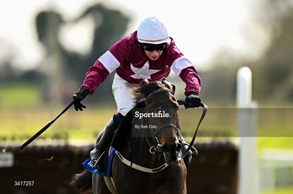 5 April 2026; Place De La Nation, with Danny Gilligan up, during the Irish Stallion Farms EBF Honeysuckle Mares Novice Hurdle on day two of the Fairyhouse Easter Festival at Fairyhouse Racecourse in Ratoath, Meath. Photo by Seb Daly/Sportsfile