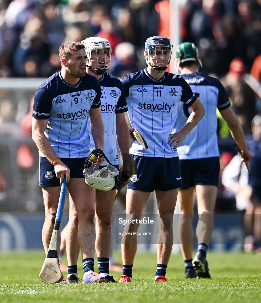 5 April 2026; Conor Donohoe of Dublin retrives his helmet during the Allianz Hurling League Division 1B final match between Clare and Dublin at TUS Gaelic Grounds in Limerick. Photo by Ben McShane/Sportsfile