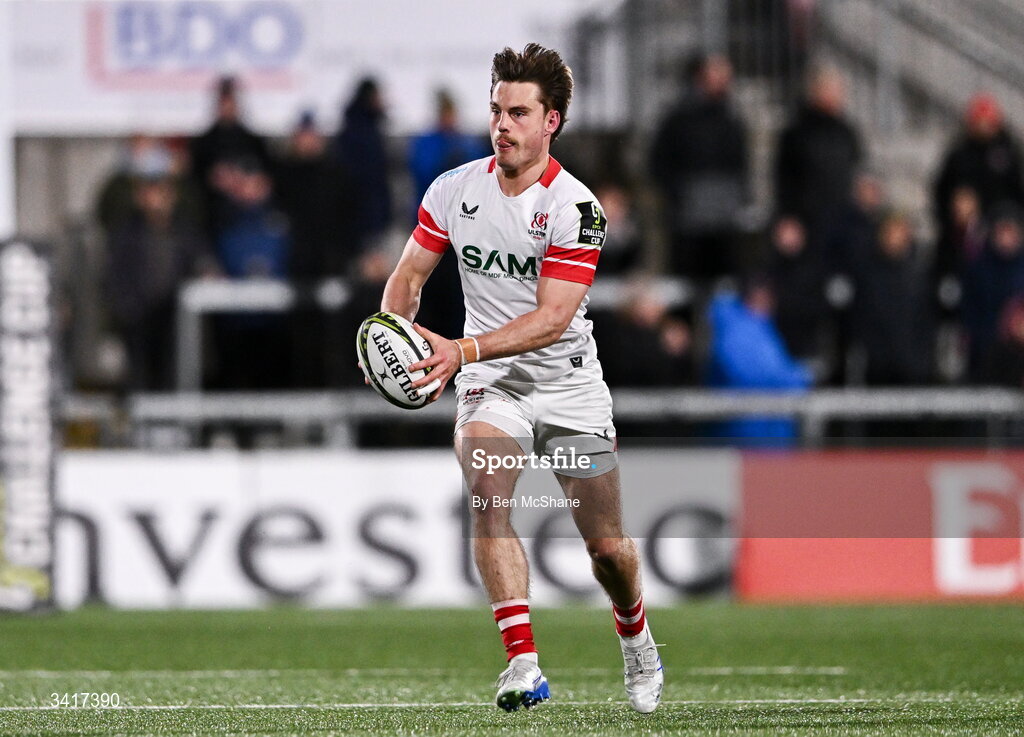 4 April 2026; Ethan McIlroy of Ulster during the EPCR Challenge Cup match between Ulster and Ospreys at Affidea Stadium in Belfast. Photo by Ben McShane/Sportsfile