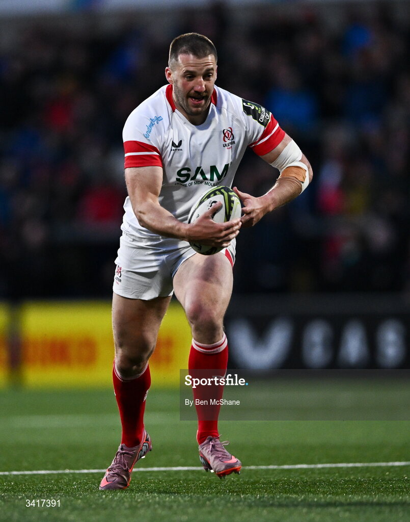 4 April 2026; Stuart McCloskey of Ulster during the EPCR Challenge Cup match between Ulster and Ospreys at Affidea Stadium in Belfast. Photo by Ben McShane/Sportsfile