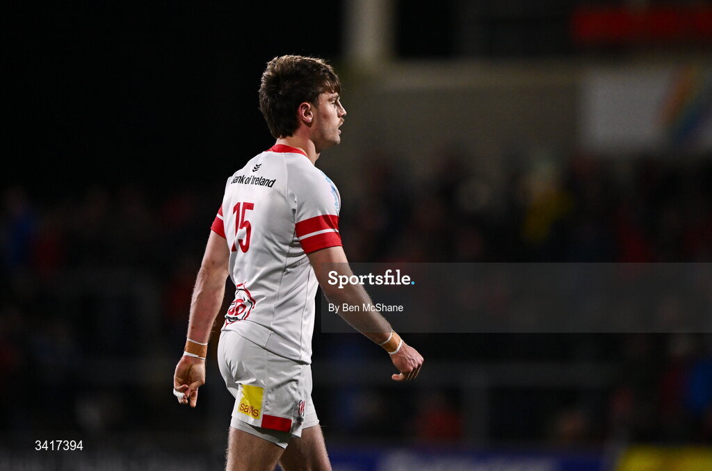 4 April 2026; Ethan McIlroy of Ulster during the EPCR Challenge Cup match between Ulster and Ospreys at Affidea Stadium in Belfast. Photo by Ben McShane/Sportsfile
