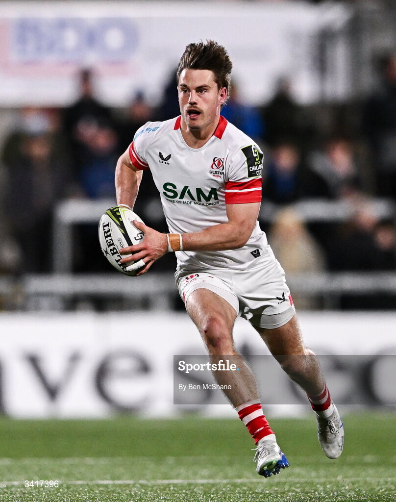 4 April 2026; Ethan McIlroy of Ulster during the EPCR Challenge Cup match between Ulster and Ospreys at Affidea Stadium in Belfast. Photo by Ben McShane/Sportsfile