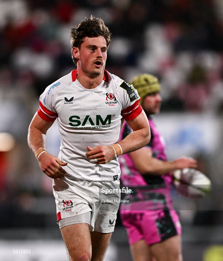 4 April 2026; Ethan McIlroy of Ulster during the EPCR Challenge Cup match between Ulster and Ospreys at Affidea Stadium in Belfast. Photo by Ben McShane/Sportsfile