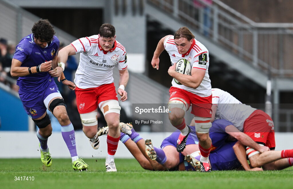4 April 2026; Gavin Coombes of Munster Rugby makes a break during the EPCR Challenge Cup match between Exeter Chiefs and Munster at Sandy Park in Exeter, England. Photo by Paul Phelan/Sportsfile