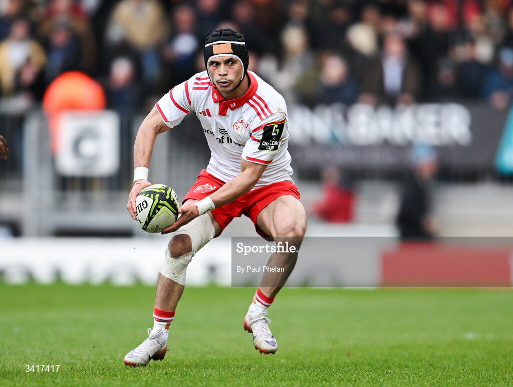 4 April 2026; Thaakir Abrahams of Munster Rugby during the EPCR Challenge Cup match between Exeter Chiefs and Munster at Sandy Park in Exeter, England. Photo by Paul Phelan/Sportsfile