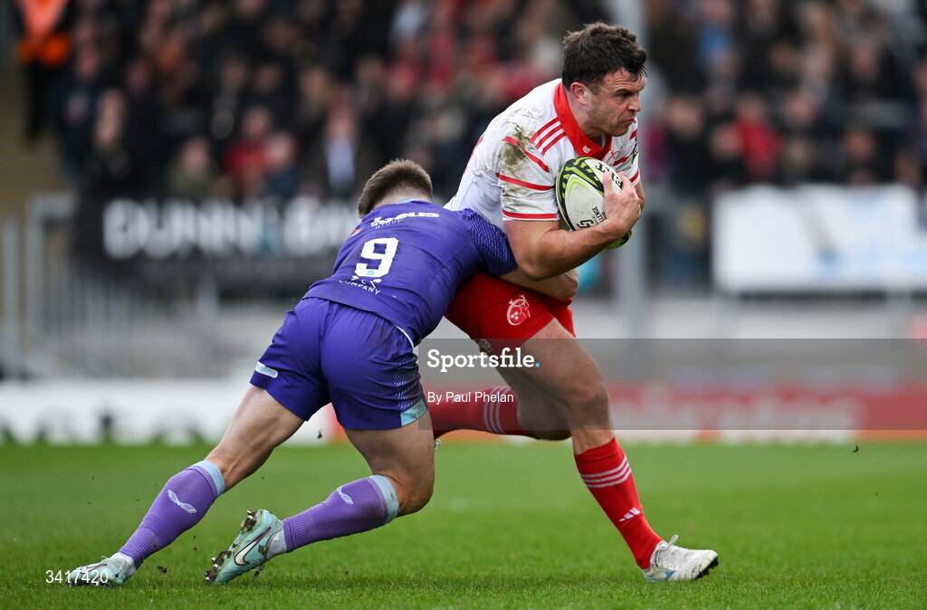 4 April 2026; Tom Farrell of Munster Rugby is tackled by Steve Varney of Exeter Chiefs during the EPCR Challenge Cup match between Exeter Chiefs and Munster at Sandy Park in Exeter, England. Photo by Paul Phelan/Sportsfile
